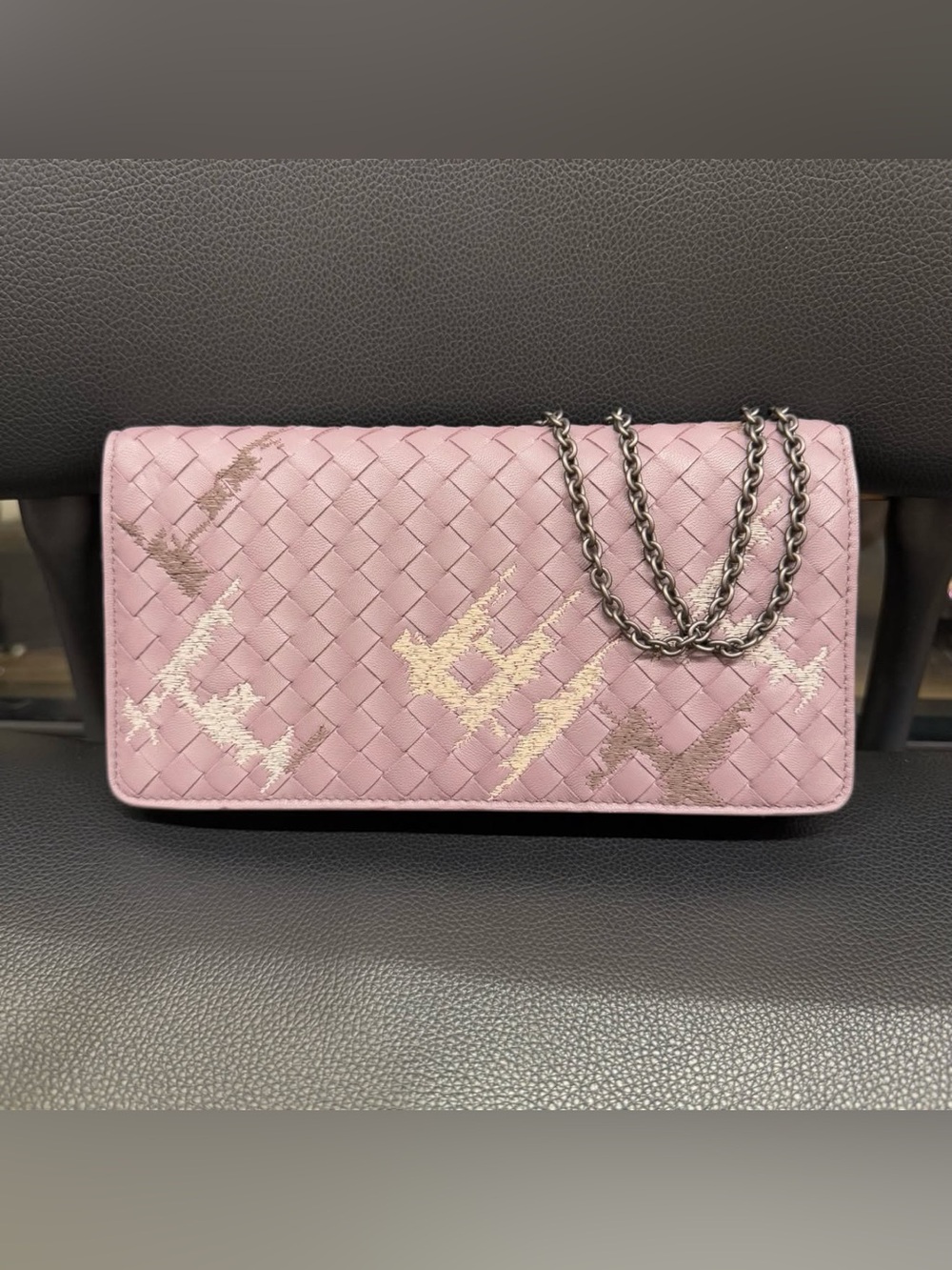 Bottega Veneta Pink Woven Leather Shoulder Bag with Silver Chain